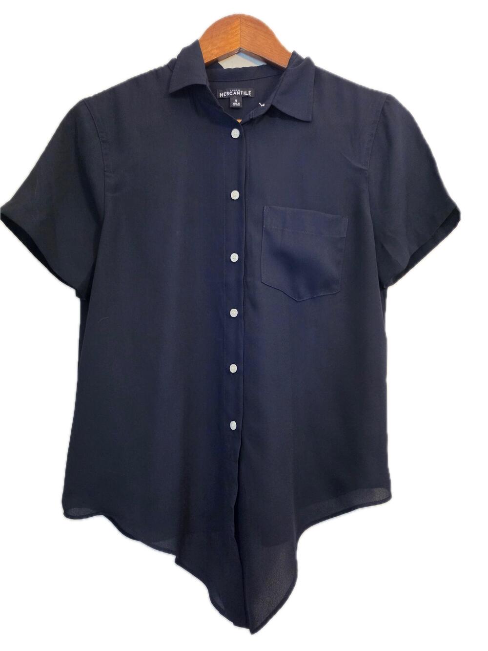 J.CREW Mercantile Button-Up Womens S Blue Tunic Short Sleeve Chiffon Pocket